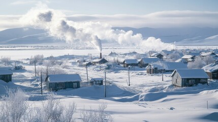 A small village in Oymyakon surrounded by snow and ice, with smoke rising from chimneys into the freezing air.