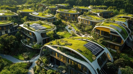 A smart city with green roofs, solar panels, and energy-efficient buildings, showcasing modern environmental tech.