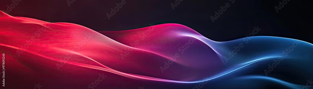Poster a vibrant abstract wave design featuring shades of red and blue, creating a dynamic flow against a d
