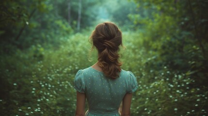 Fototapeta premium 緑の葉と女性の後ろ姿ポートレート,Generative AI AI画像
