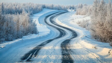 A snow-covered road in Oymyakon, winding through the frozen wilderness.