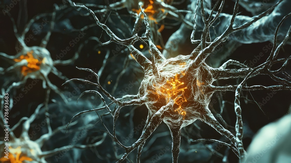 Poster close-up of neurons showcasing intricate structures and glowing connections, illustrating neural com