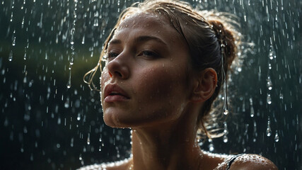 Fototapeta premium Close-up shot of a stunning woman with droplets of water adorning her skin