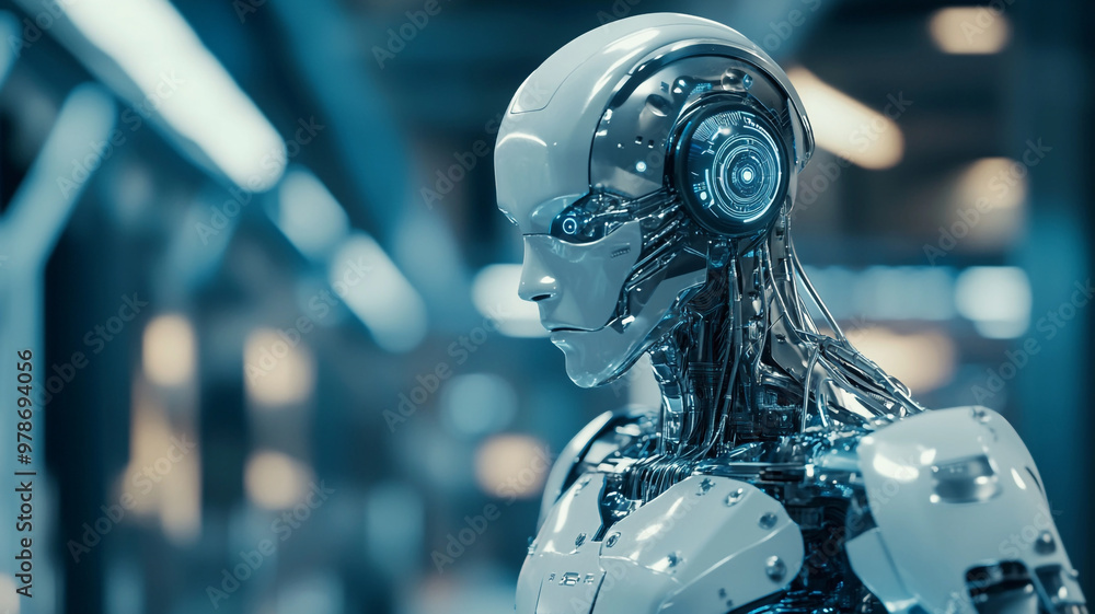 Aufkleber advanced humanoid robot with sleek metallic design in futuristic laboratory during daylight hours