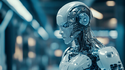 Fototapeta premium Advanced humanoid robot with sleek metallic design in futuristic laboratory during daylight hours