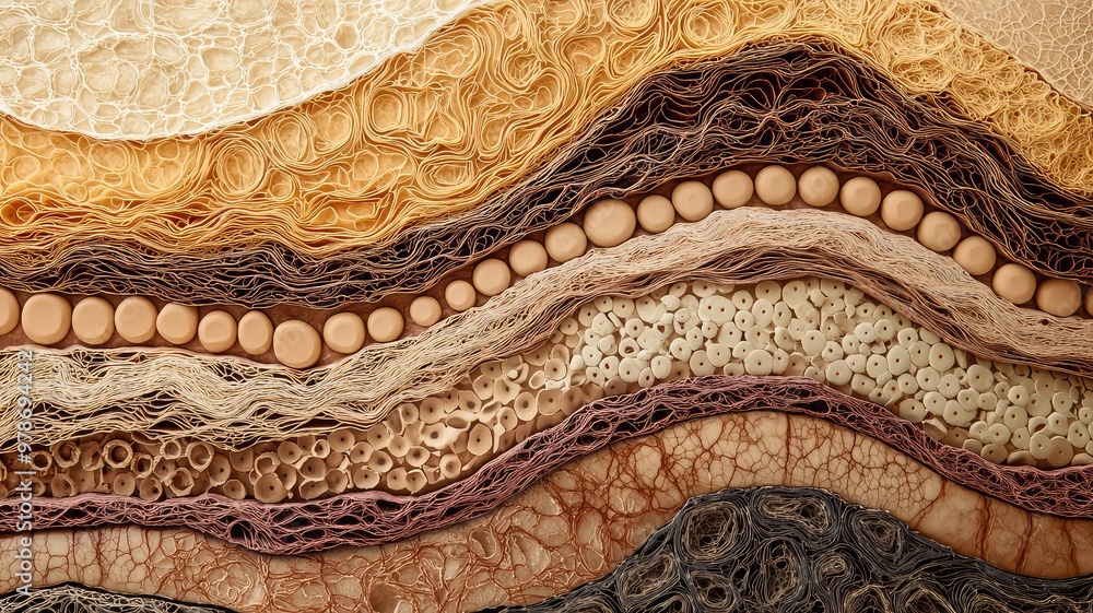 Poster close-up view of textured layers showcasing various materials with intricate patterns and natural co