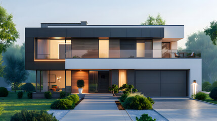 Luxury house exterior with brick and siding trim, contemporary home exterior with sleek lines, bold colors and minimalist details, A luxurious new construction home, Modern style of home