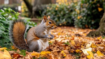 Fototapeta premium A squirrel in a garden or park, foraging among fallen leaves and natural debris.