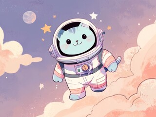 Illustration of Cute Astronaut Cat Float in Space