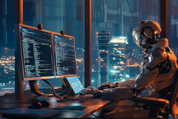 Humanoid robot sitting at desk using computers. Artificial intelligence robot deals with transactions, stock exchange, securities communicating with financial world at night, windows with city view