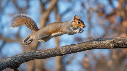 Obraz premium A squirrel jumping between two branches, captured in mid-air with a dynamic pose.
