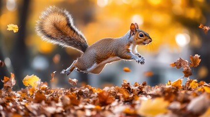 Obraz premium A squirrel jumping through a pile of autumn leaves, with vibrant colors and motion captured.