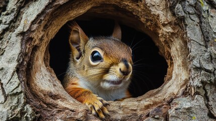Obraz premium A squirrel peeking out of a hollow tree or nest, with only its face and ears visible.