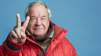 Joyful senior man in red jacket on soft blue background celebrating success with victory gesture