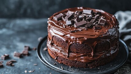 Delicious chocolate cake with rich ganache and dark chocolate shavings on a rustic plate. Perfect for dessert lovers.