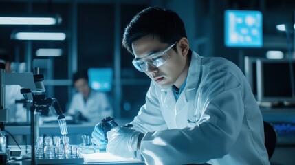 Scene of Asian engineers in a high-tech workspace, integrating new technologies into manufacturing processes, focus on precision and innovation