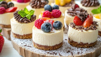 Delicious mini cheesecake desserts topped with fresh fruits and chocolate, perfect for any celebration or catering event.