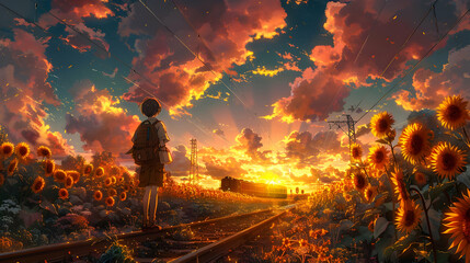 Fototapeta premium Sunset Train Journey Illustration