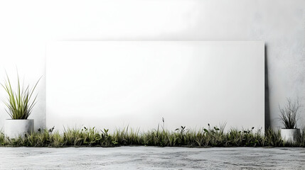 A Blank White Poster Board Stands Against a White Wall, Surrounded by Green Grass and Potted Plants on a Concrete Floor