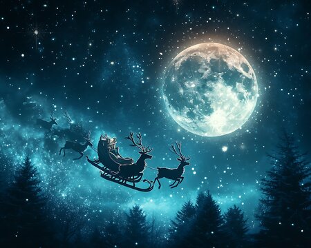 Santa's sleigh flying across a night sky with reindeer, against a backdrop of stars and a glowing full moon, ideal for magical holiday designs