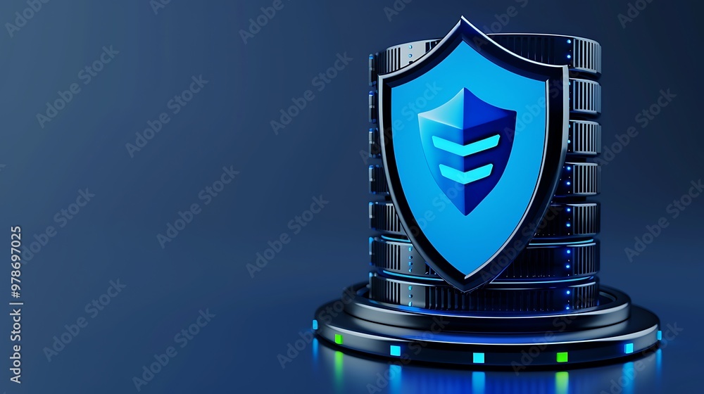 Poster a 3d illustration of a secure data storage shield symbolizing cybersecurity and data protection.