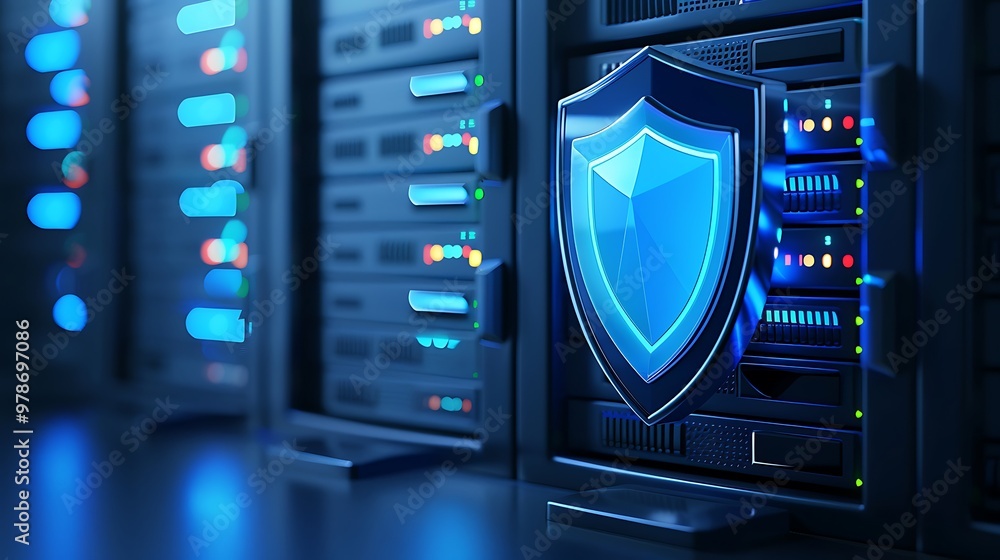 Poster a blue shield symbolizing security on a server rack, representing data protection and cybersecurity 