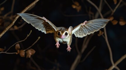 Obraz premium A sugar glider gliding between two branches, with its wings fully extended.