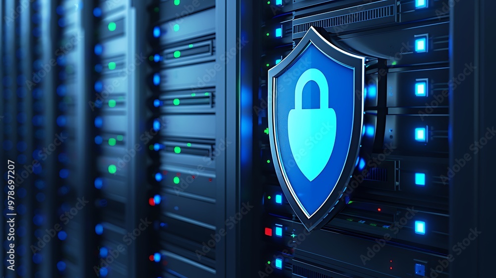 Poster a close-up view of a data server with a blue shield symbol, representing cybersecurity and data prot