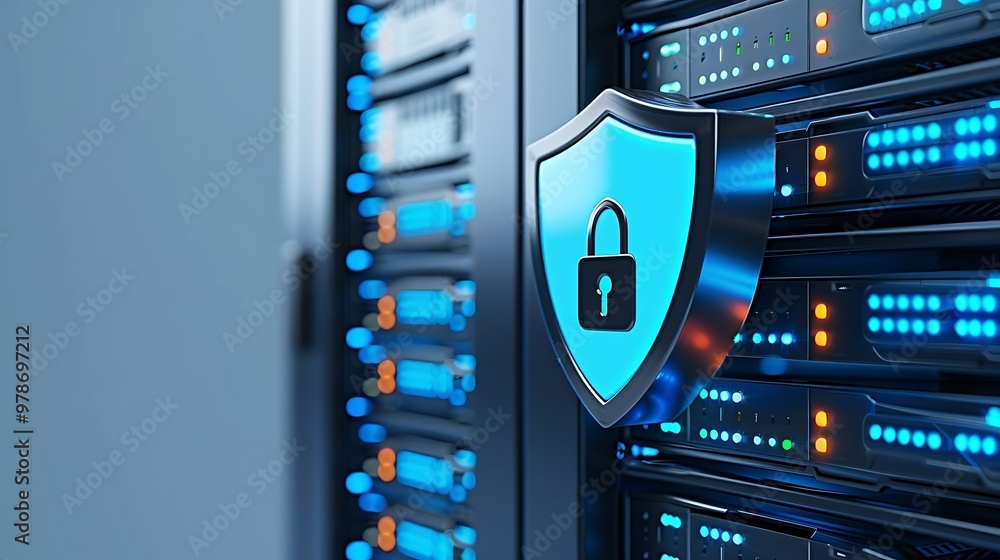 Poster a close-up of a secure data server with a shield icon representing cybersecurity and data protection
