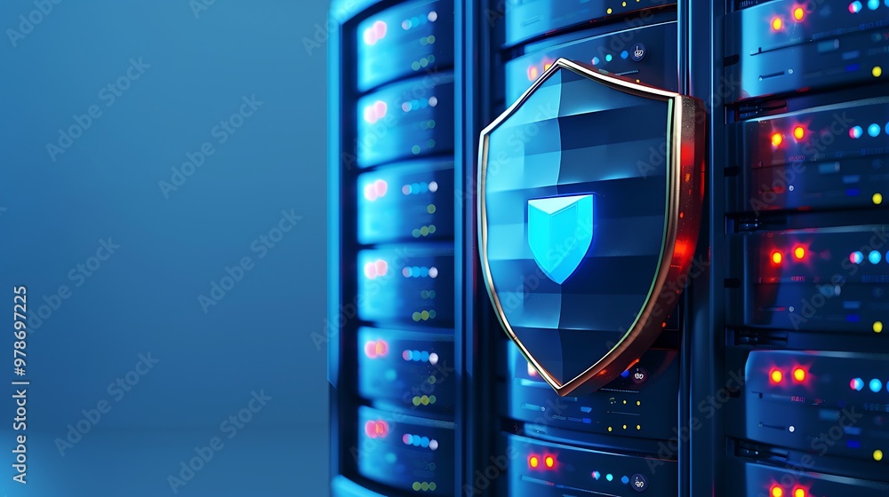 Poster a close-up view of a server with a shield symbol, representing digital security and data protection 