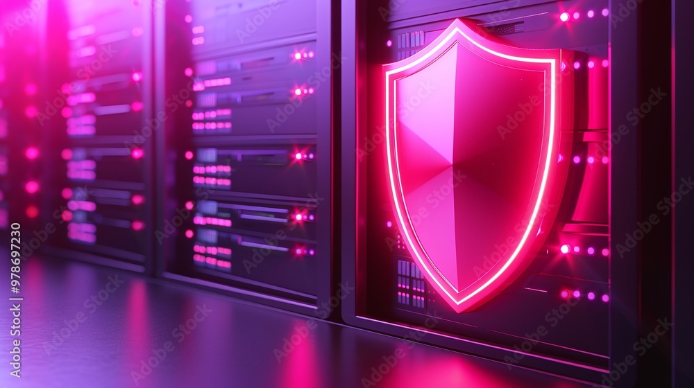 Poster a conceptual image of digital security featuring a glowing shield and server backdrop, symbolizing p