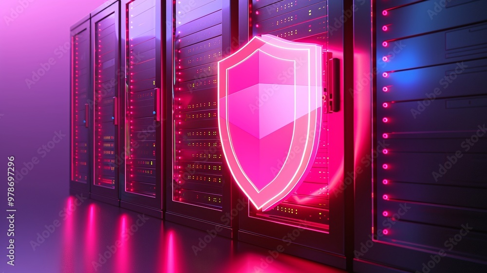 Poster a digital illustration depicting secure server rooms with glowing shield symbols representing cybers