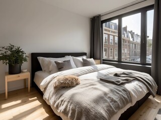 Modern Bedroom with Large Window and City View