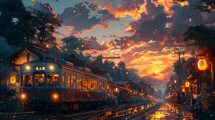 Fototapeta premium Sunset Train Ride Through a Village Illustration