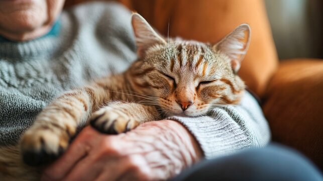 Senior cat with owner, a quiet moment between an elderly owner and their senior cat, cat resting on owner's lap, peaceful and loving atmosphere