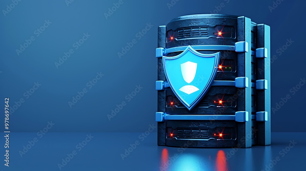 Poster a digital server with a shield symbol, representing data protection and cybersecurity in a modern te