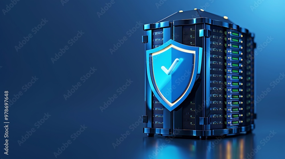 Poster a digital server with a shield symbolizing cybersecurity and data protection in a futuristic blue en