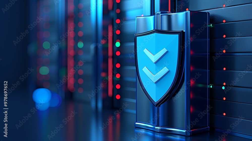 Poster a digital shield icon representing cybersecurity and data protection in a server room environment wi