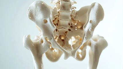 Obraz premium Detailed anatomical model of a human pelvis showcasing intricate bone structure for educational and medical purposes.