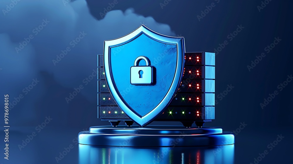 Poster a digital shield symbolizing cybersecurity protection for data servers, emphasizing safe information