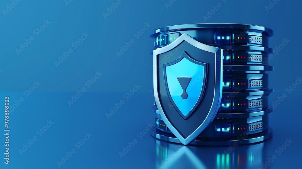 Aufkleber a digital shield symbol over a secure database, representing data protection and cybersecurity in a 