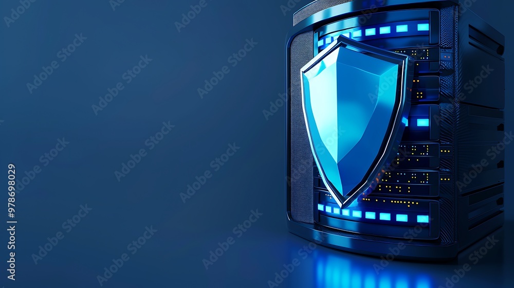 Poster a digital shield symbol representing cybersecurity protection on a server with blue lighting and a t