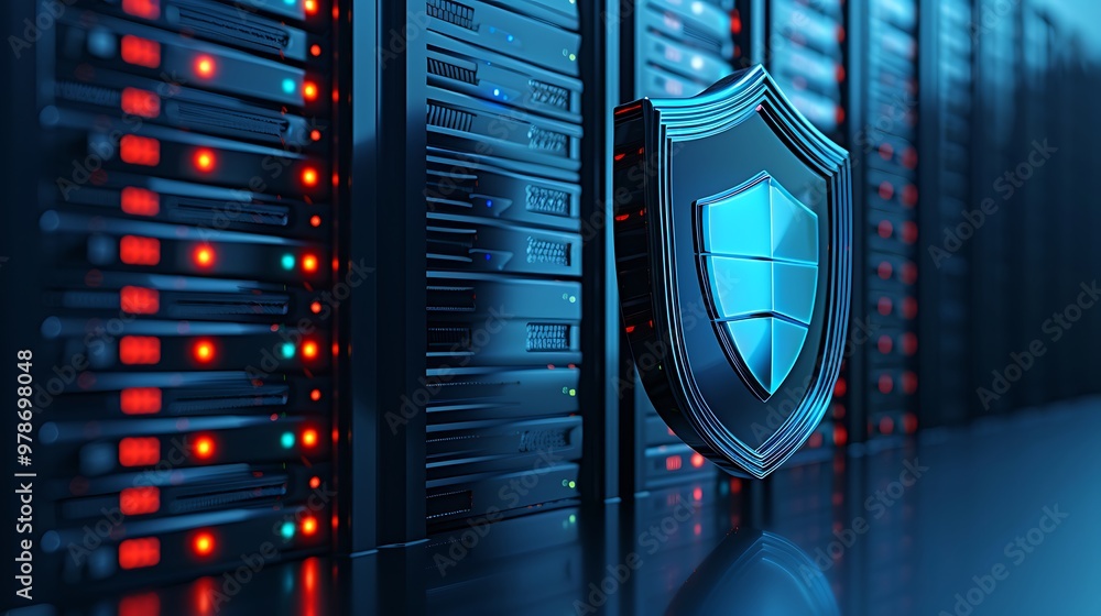 Aufkleber a digital shield symbolizing cybersecurity protection in a server room filled with data storage equi