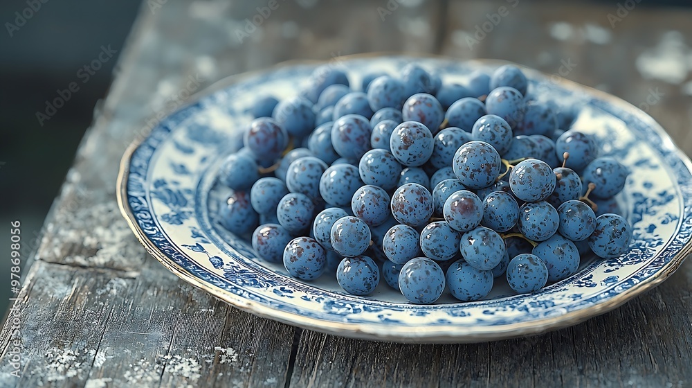 Poster grapes on plate on wooden table : generative ai