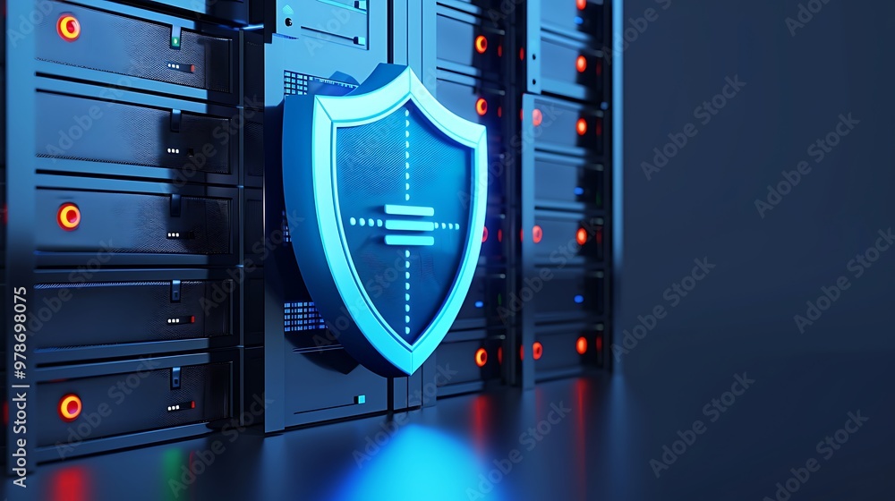 Poster a digital shield symbolizing cybersecurity protection over server technology in a modern data center
