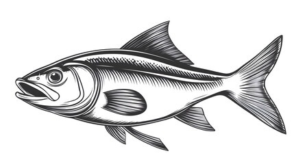 Obraz premium A dynamic vector of a swimming fish, with bold black outlines and a white body, suitable for seafood restaurant logos, banners, or postcards.