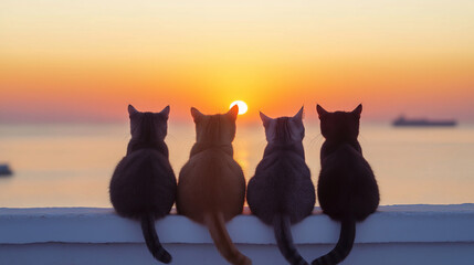 Four Scottish Fold cats of different colors sit with their backs to a white brick wall, looking ahead at a view of the sea at sunset