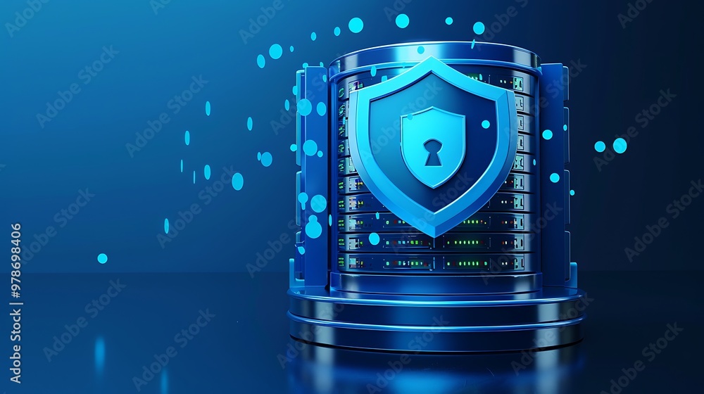 Poster a futuristic data security concept featuring a blue shield over a server, emphasizing digital protec