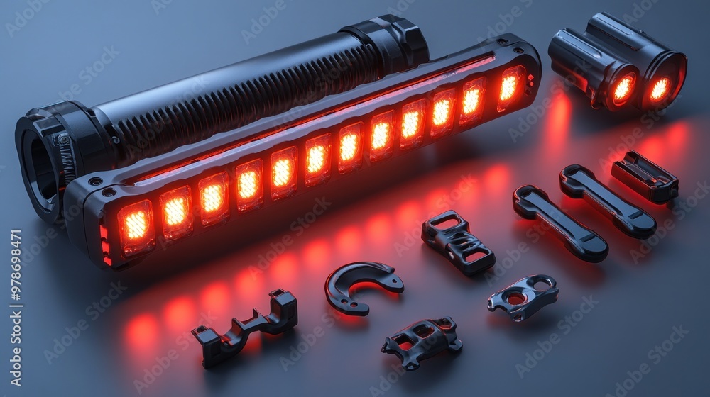 Poster assembly of a high-tech lighting device with various components.