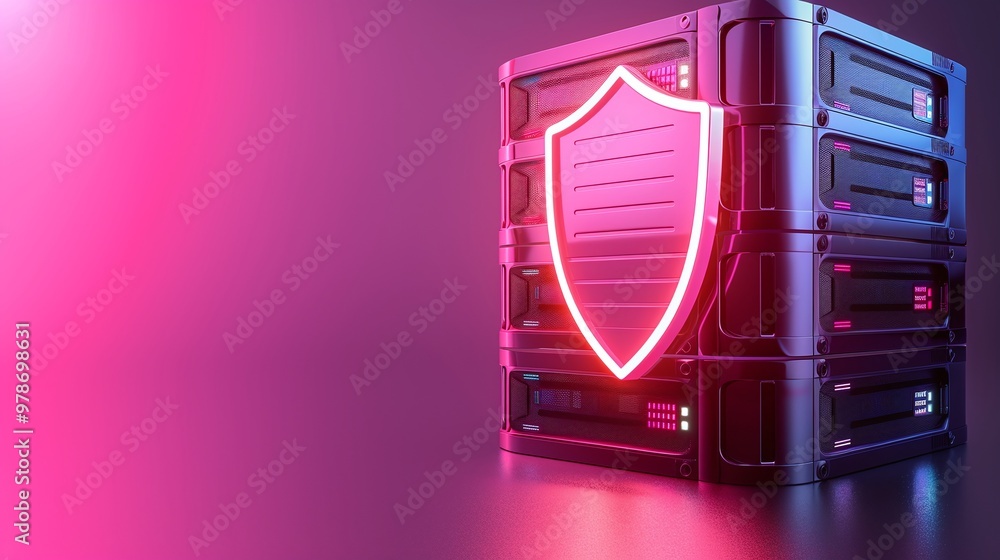 Poster a futuristic data server with a glowing shield, symbolizing cybersecurity and data protection in a d